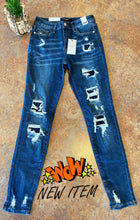 Load image into Gallery viewer, DARK PATCH MID-RISE DISTRESSED DARK WASH SKINNY JEANS | JUDY BLUE - THAW Boutique