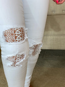 LACE DETAIL WHITE HIGH WAIST SKINNY JEANS | JUDY BLUE - THAW Boutique 