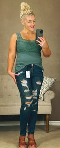 MID-RISE DISTRESSED DARK WASH SKINNY JEANS | JUDY BLUE - THAW Boutique 