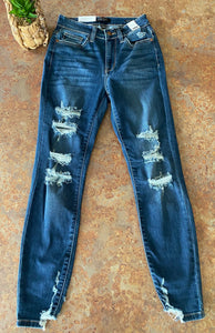 HIGH- RISE DISTRESSED MEDIUM WASH SKINNY JEANS | JUDY BLUE - THAW Boutique 